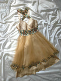 Vintage A line V Neck Champagne Tulle Hoco Gowns Short 16th Birthday Dress Homecoming Dresses Cocktail Gown HZ0311