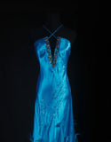 Vintage 90s Prom Dresses Women Mermaid Halter Blue Long Formal Dance Evening Party Gowns HZ0311