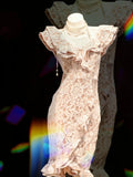 Retro Sheath V Neck Pink Lace Hoco Gowns Short 18th Birthday Dress Homecoming Dresses Cocktail Gown HZ0311