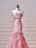 Chic Prom Dresses Aesthetic Mermaid Strapless Pink With Pleated Flowers Inspo Impress Long Party Formal Gown For Teenagers High Schools HZ0311