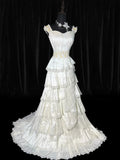 Timeless Women's A Line Strapless Sleeveless White Lace Tiered Satin Long Vintage Fitted 1920s Wedding Dresses HZ0311
