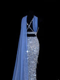 Affordable Sequin 1950s Formal Mermaid V Neck Halter Blue With Beads Style Impress Long Prom Dresses Party Formal Gowns HZ0311