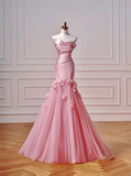 Chic Prom Dresses Aesthetic Mermaid Strapless Pink With Pleated Flowers Inspo Impress Long Party Formal Gown For Teenagers High Schools HZ0311