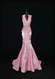 Vintage 1950s Mermaid V Neck Pink With Gold Lace Sleeveless Long Prom Dresses High School Senior Graduation Dance Evening Outfits HZ0311