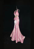 Vintage 1950s Mermaid V Neck Pink With Gold Lace Sleeveless Long Prom Dresses High School Senior Graduation Dance Evening Outfits HZ0311