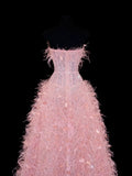 Modest Prom Dress Aesthetic Ball Gowns Strapless Tulle Pink With Feathers Style Impress Long Prom Dresses Party Formal Gown HZ0311
