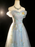 Vintage 90s A Line Off The Shoulder Light Sky Blue Floral Tulle For Women Long Prom Dresses 21st Birthday Outfits HZ0311