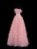 Modest Prom Dress Aesthetic Ball Gowns Strapless Tulle Pink With Feathers Style Impress Long Prom Dresses Party Formal Gown HZ0311