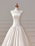 Simple Wedding Dresses Ball Gown Strapless Satin Drop Waist Pleated Wedding Dress Style For Brides Fitted Long Bridal Gowns HZ0311
