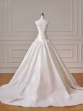 Simple Wedding Dresses Ball Gown Strapless Satin Drop Waist Pleated Wedding Dress Style For Brides Fitted Long Bridal Gowns HZ0311