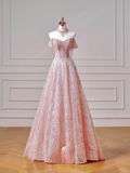 Modest Prom Dresses Aesthetic Ball Gown Off The Shoulder Pink Sequin Corset Fitted Impress Long Party Formal Gown For Teens High Schools Girls HZ0311