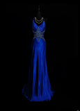 Vintage 1950s Mermaid Spaghetti Strap Royal Blue Satin With Beading Long Prom Dresses High School Senior Graduation Dance Evening Outfits HZ0311