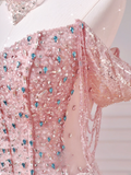 Modest Prom Dresses Aesthetic Ball Gown Off The Shoulder Pink Sequin Corset Fitted Impress Long Party Formal Gown For Teens High Schools Girls HZ0311