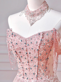 Modest Prom Dresses Aesthetic Ball Gown Off The Shoulder Pink Sequin Corset Fitted Impress Long Party Formal Gown For Teens High Schools Girls HZ0311