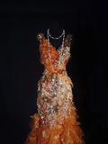 Vintage Prom Dresses 90s Formal Mermaid V Neck Orange Tiered With Beadings Long Party Gowns Prom Dresses HZ0311