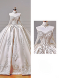 Princess Long Wedding Gowns Ball Gown Off The Shoulder Satin For Bride With Long Sleeves Train Bridal Dresses HZ0311