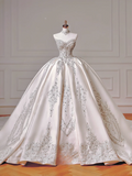 Princess Long Wedding Gowns Ball Gown Off The Shoulder Satin For Bride With Long Sleeves Train Bridal Dresses HZ0311