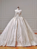 Princess Long Wedding Gowns Ball Gown Off The Shoulder Satin For Bride With Long Sleeves Train Bridal Dresses HZ0311