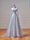 Modest Prom Dresses Aesthetic Ball Gown Strapless Blue Sequin With Scarf Impress Long Party Formal Gown For Teens High Schools Girls HZ0311