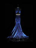 Vintage 1950s Mermaid Halter Royal Blue Taffeta With Silver Beading Long Prom Dresses High School Senior Graduation Dance Evening Outfits HZ0311