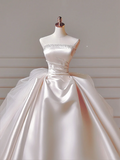 Princess Long Wedding Gowns Ball Gown Strapless Satin For Bride With Beads Train Bridal Dresses HZ0311