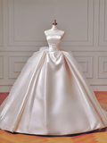 Princess Long Wedding Gowns Ball Gown Strapless Satin For Bride With Beads Train Bridal Dresses HZ0311