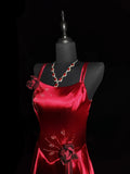Modest A line Spaghetti Strap Red Satin Long Evening Dresses High School Teens Senior Night Dance Prom Dress HZ0311