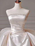 Princess Long Wedding Gowns Ball Gown Strapless Satin For Bride With Beads Train Bridal Dresses HZ0311