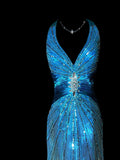 Modest Mermaid V Neck Ombre White Blue With Slit Beads Sleeveless Long Prom Dresses High School Senior Graduation Dance Party Outfits HZ0311