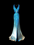 Modest Mermaid V Neck Ombre White Blue With Slit Beads Sleeveless Long Prom Dresses High School Senior Graduation Dance Party Outfits HZ0311