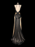 Vintage 1950s Mermaid Halter Champagne Satin With Backless Long Prom Dresses High School Senior Graduation Dance Evening Outfits HZ0311