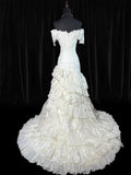 Boho Mermaid Off The Shoulder With Short Sleeves White Lace Tiered Long Vintage Fitted 1920s Wedding Dresses HZ0311