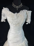 Boho Mermaid Off The Shoulder With Short Sleeves White Lace Tiered Long Vintage Fitted 1920s Wedding Dresses HZ0311