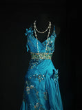 Vintage Prom Dresses 90s Formal Mermaid Spaghetti Straps Blue Chiffon With Beadings Long Party Gowns Prom Dresses HZ0311
