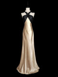 Vintage 1950s Mermaid Halter Champagne Satin With Backless Long Prom Dresses High School Senior Graduation Dance Evening Outfits HZ0311
