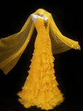 Vintage 1950s Mermaid Spaghetti Strap Yellow Chiffon With Scarf For Women Long Prom Dress Birthday Gowns HZ0311