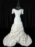 Boho Mermaid Off The Shoulder With Short Sleeves White Lace Tiered Long Vintage Fitted 1920s Wedding Dresses HZ0311