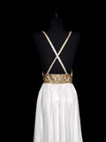 Retro 60s A Line Chiffon White Blue With Gold Beads Sleeveless Long Prom Dresses High School Senior Graduation Dance Party Outfits HZ0311