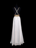 Retro 60s A Line Chiffon White Blue With Gold Beads Sleeveless Long Prom Dresses High School Senior Graduation Dance Party Outfits HZ0311