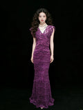Sexy Sheath V Neck Grape Lace Sleeveless For Women Long Prom Dresses Senior High School 21st Birthday Outfits HZ0311