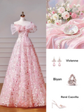 Modest Prom Dresses Aesthetic Ball Gown Off The Shoulder Pink Sequin Impress Long Party Formal Gown For Teens High Schools Girls HZ0311