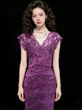 Sexy Sheath V Neck Grape Lace Sleeveless For Women Long Prom Dresses Senior High School 21st Birthday Outfits HZ0311