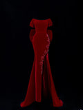 Classic 1950s Formal Mermaid Off The Shoulder Burgundy Velvet With Beads Bow-knot Style Impress Long Prom Dresses Party Gowns HZ0311