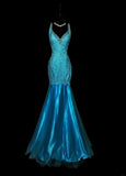 Vintage 1950s Mermaid Blue Strap Satin With Appliques Long Prom Dresses High School Senior Graduation Dance Evening Outfits HZ0311