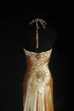 Vintage Prom Dresses 90s Formal Mermaid Halter Gold Silk Satin With Beadings Long Party Gowns Prom Dresses HZ0311