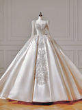 Princess Long Wedding Gowns Ball Gown Square Neck For Bride With Long Sleeves Appliques Beaded Bodice Bridal Dress HZ0311