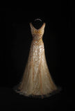 Vintage Prom Dresses 90s Formal Mermaid V Neck Tulle Gold With Beadings Long Party Gowns Prom Dresses HZ0311