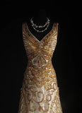 Vintage Prom Dresses 90s Formal Mermaid V Neck Tulle Gold With Beadings Long Party Gowns Prom Dresses HZ0311