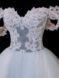 Modest Prom Dress Aesthetic Ball Gowns Off The Shoulder Tulle Blue Style Impress Long Prom Dresses Party Formal Gown HZ0311