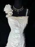 Women's Mermaid Boho Sleeveless White Lace Pleated Satin Long Vintage Fitted 70s Wedding Dresses HZ0311